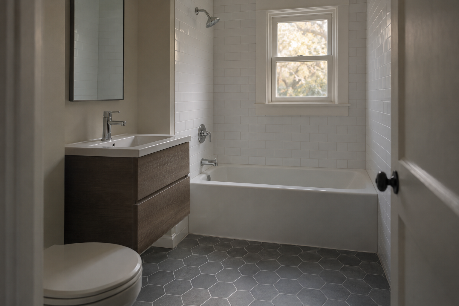 Small remodeled bathroom with a white alcove tub, subway-tile surround and a wall-mounted vanity