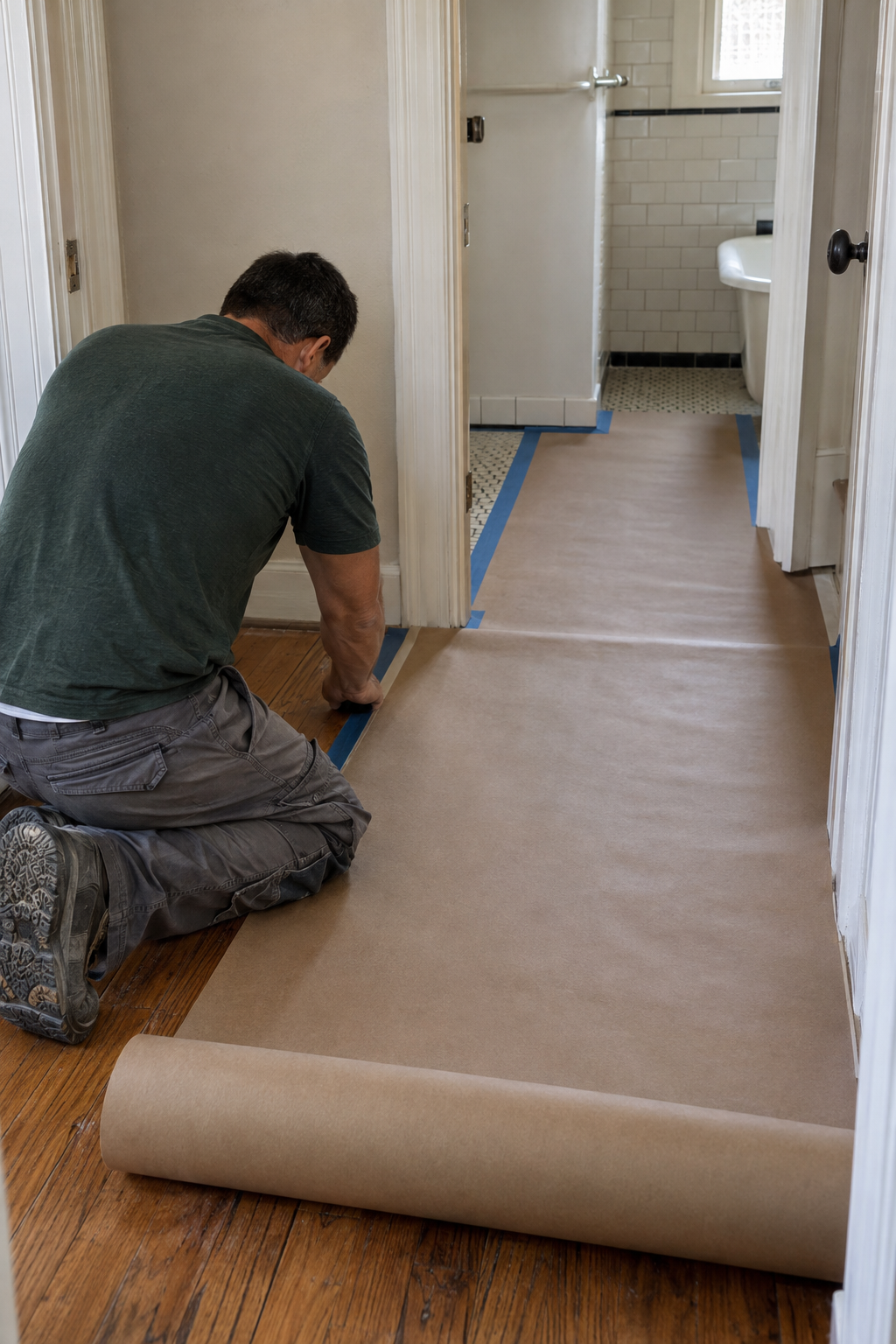 Worker unrolling brown floor-protection paper along a hallway toward an open bathroom doorway