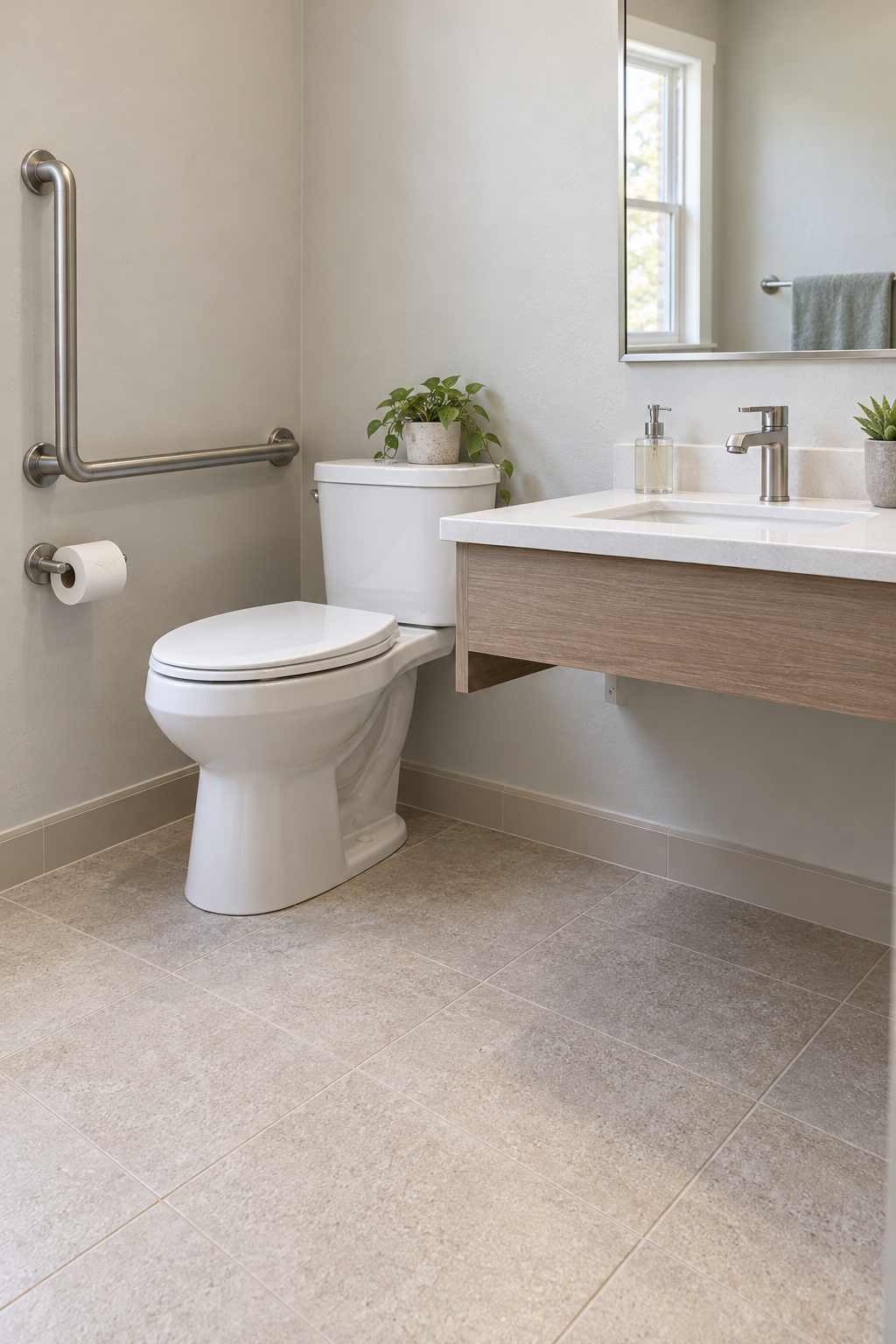 Comfort-height toilet beside a wall grab bar and a wall-mounted vanity with open space beneath it