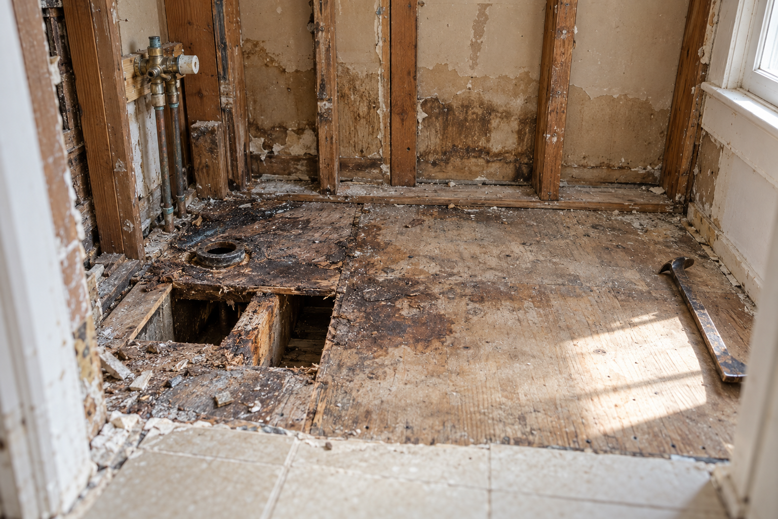 Bathroom floor opened after demolition, showing water-stained subfloor around the old drain opening
