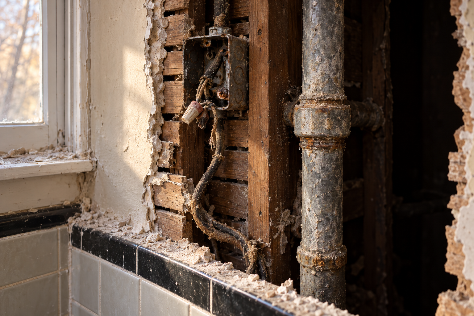 Old cloth-covered wiring and a corroded galvanized pipe exposed behind pulled-back plaster and lath in a bathroom wall