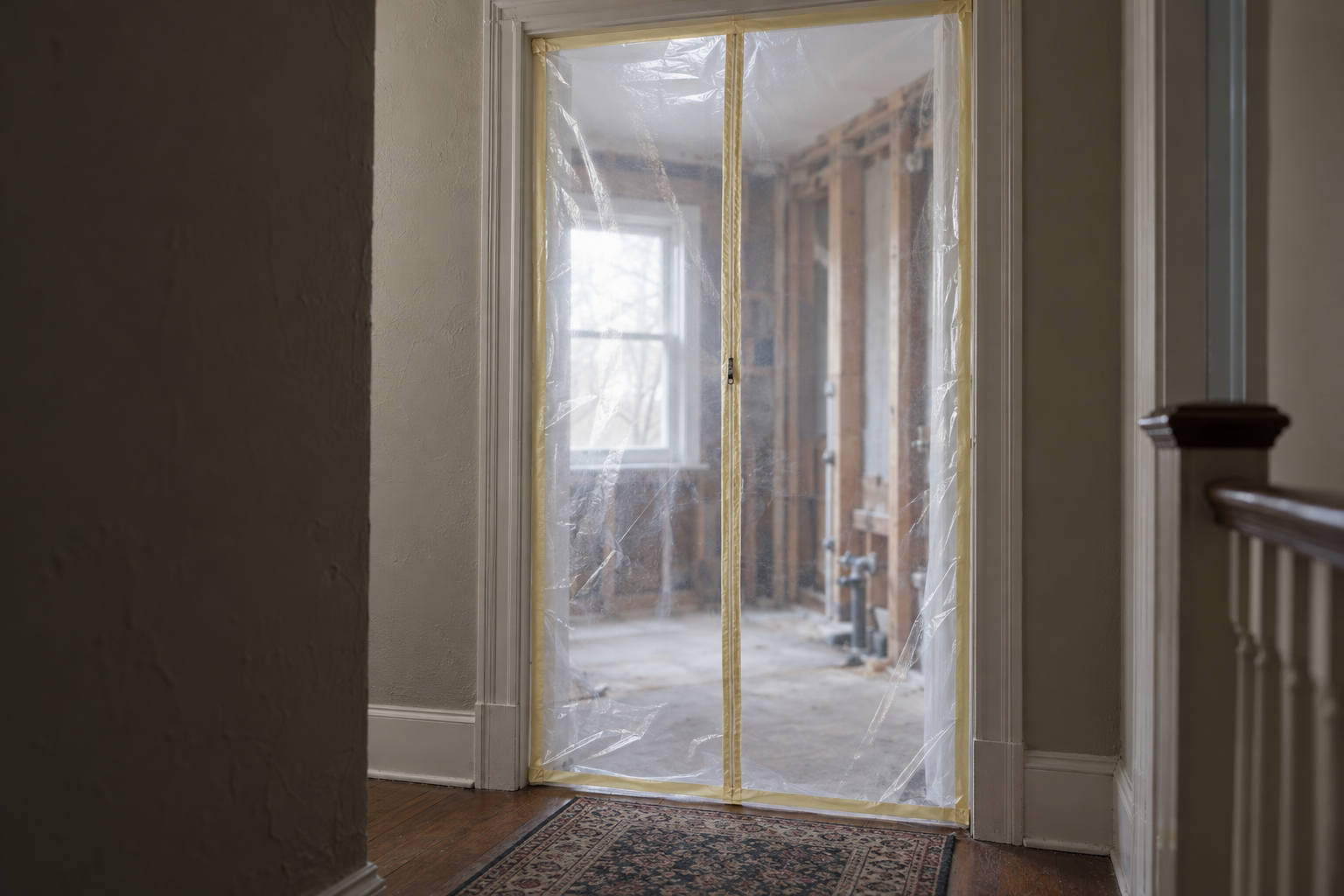 Clear plastic dust barrier with a zipper door taped across a bathroom doorway, seen from the hallway