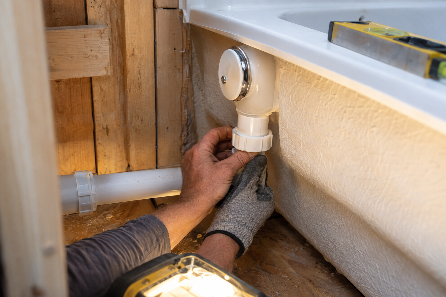 Hands connecting the drain and overflow on a newly set white alcove tub from the open access side