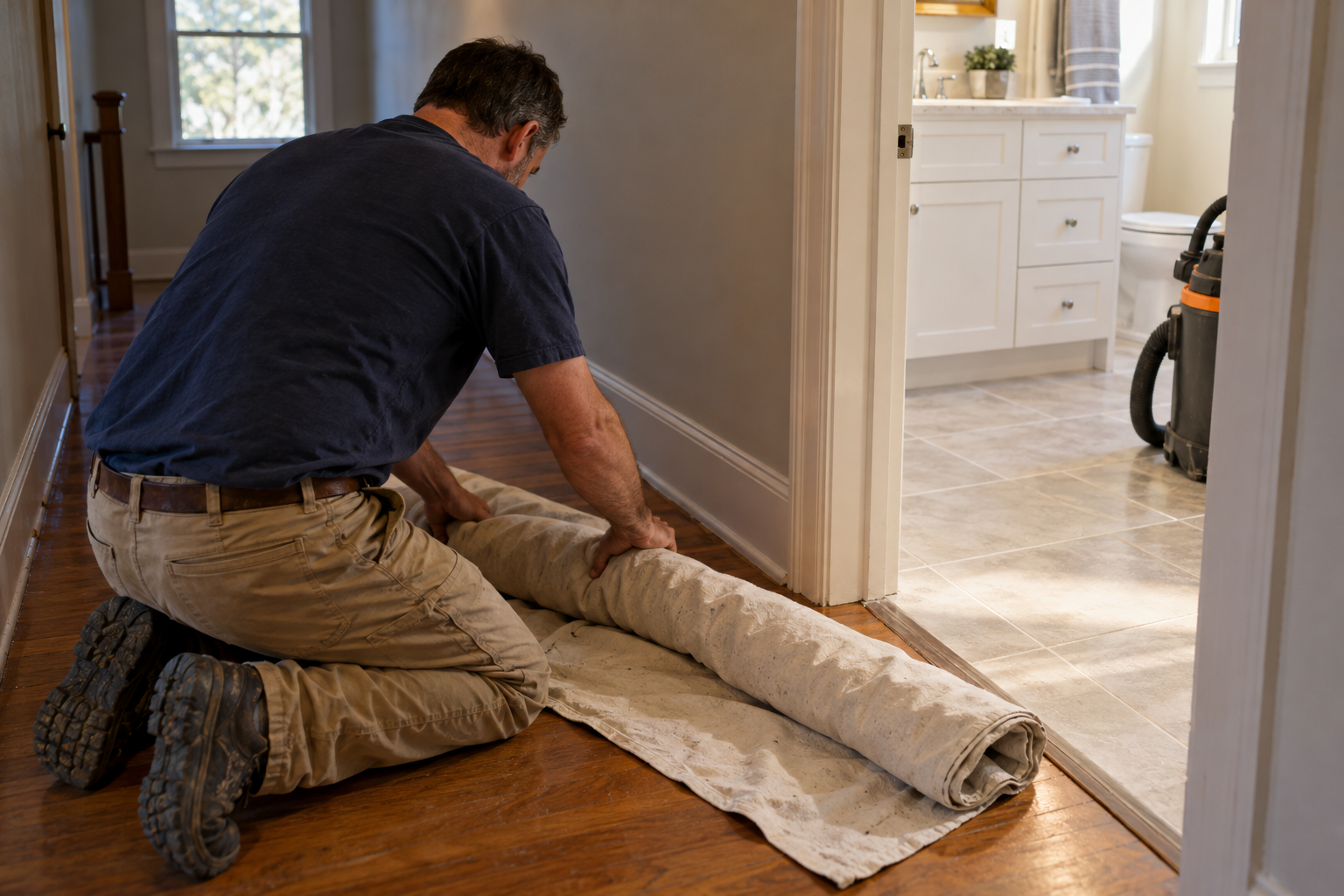 Worker rolling up a canvas drop cloth in a hallway outside a finished bathroom with a clean tile floor