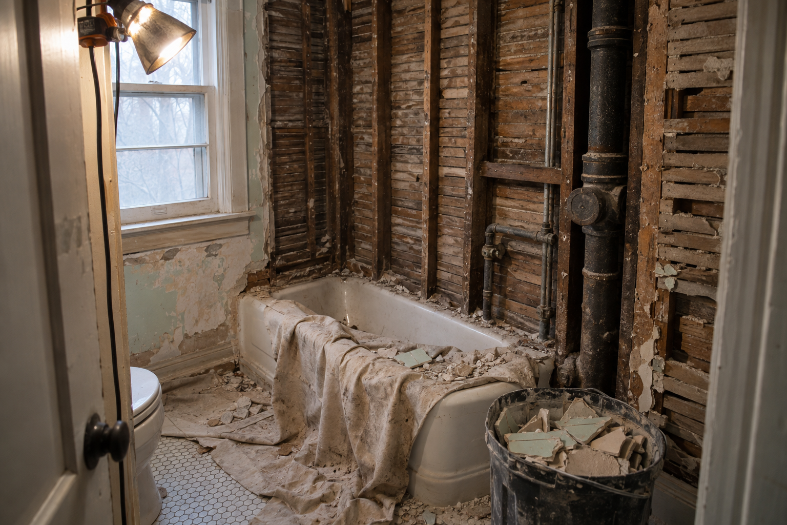 Old bathroom wall opened to the wood lath and studs during demolition, with old pipes showing above a cast-iron tub
