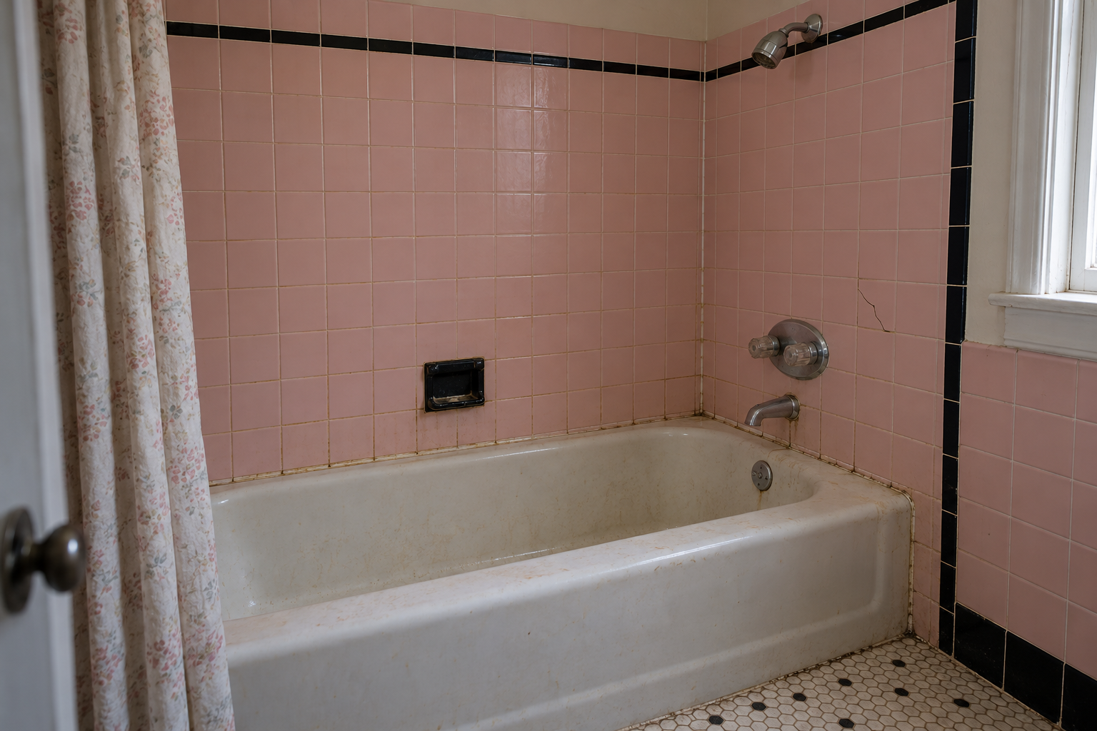 Built-in tub in an alcove of pastel wall tile in a mid-century bathroom, before a remodel