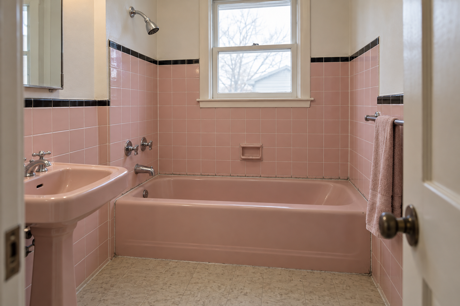 Original bathroom with pastel pink wall tile, a built-in tub with a shower head over it and a pedestal sink