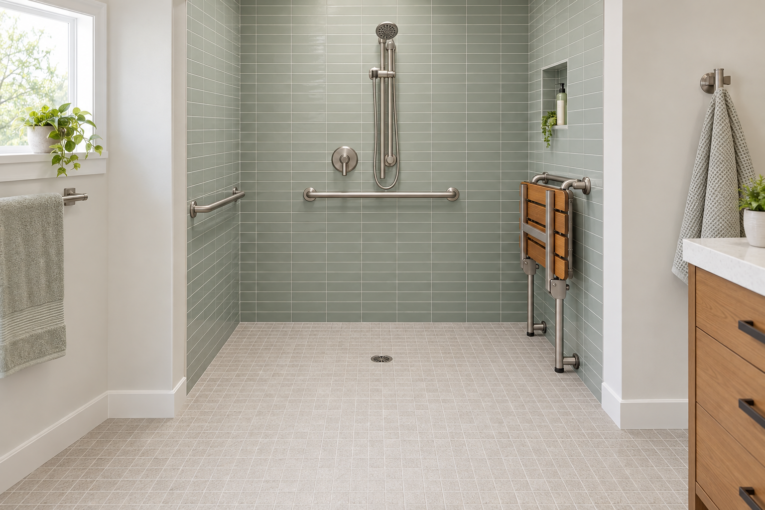Curbless shower with grab bars, a fold-down bench and a hand shower on a slide bar