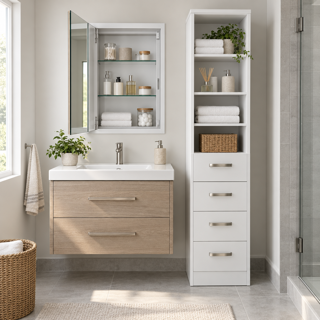 Tall white linen cabinet beside a recessed medicine cabinet