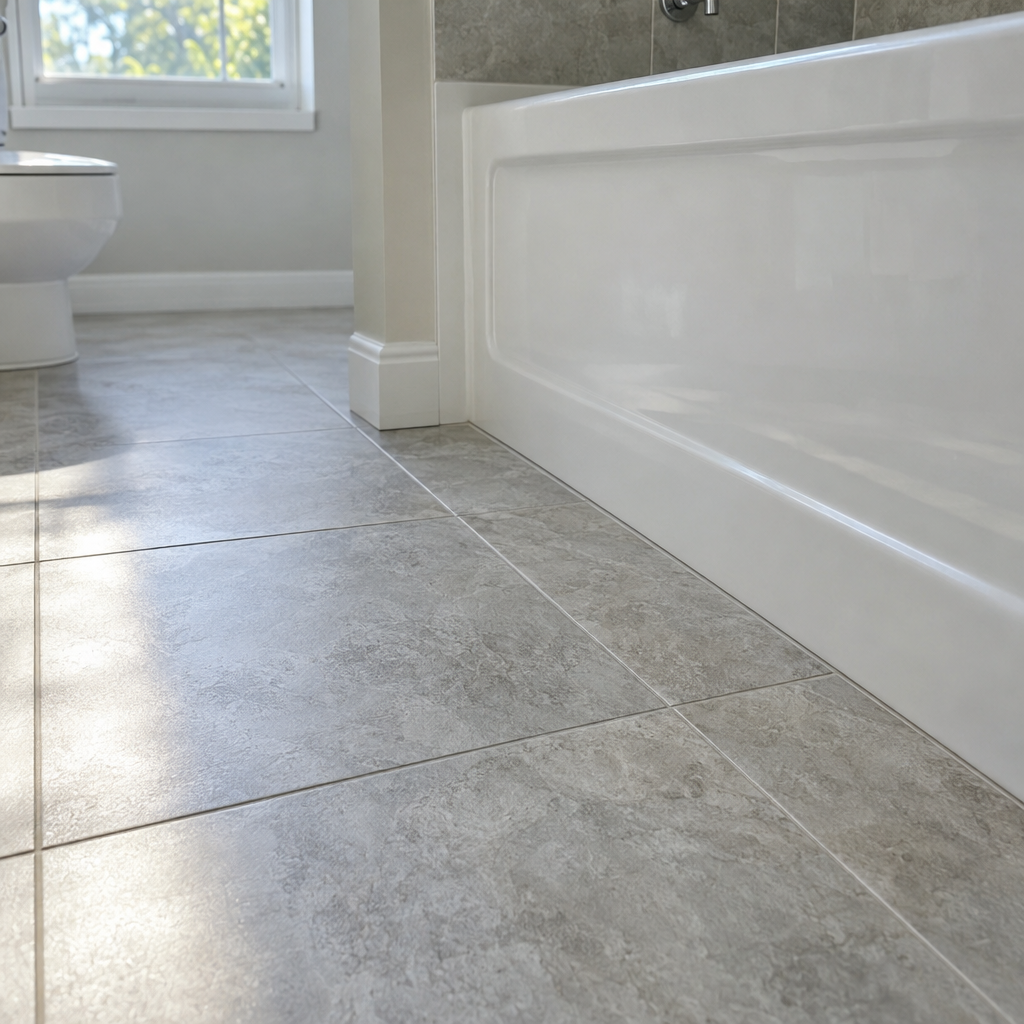 Stone-look porcelain floor tile meeting the base of a white tub