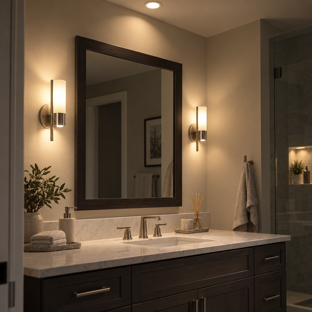 Pair of sconces beside a framed mirror with a recessed light above