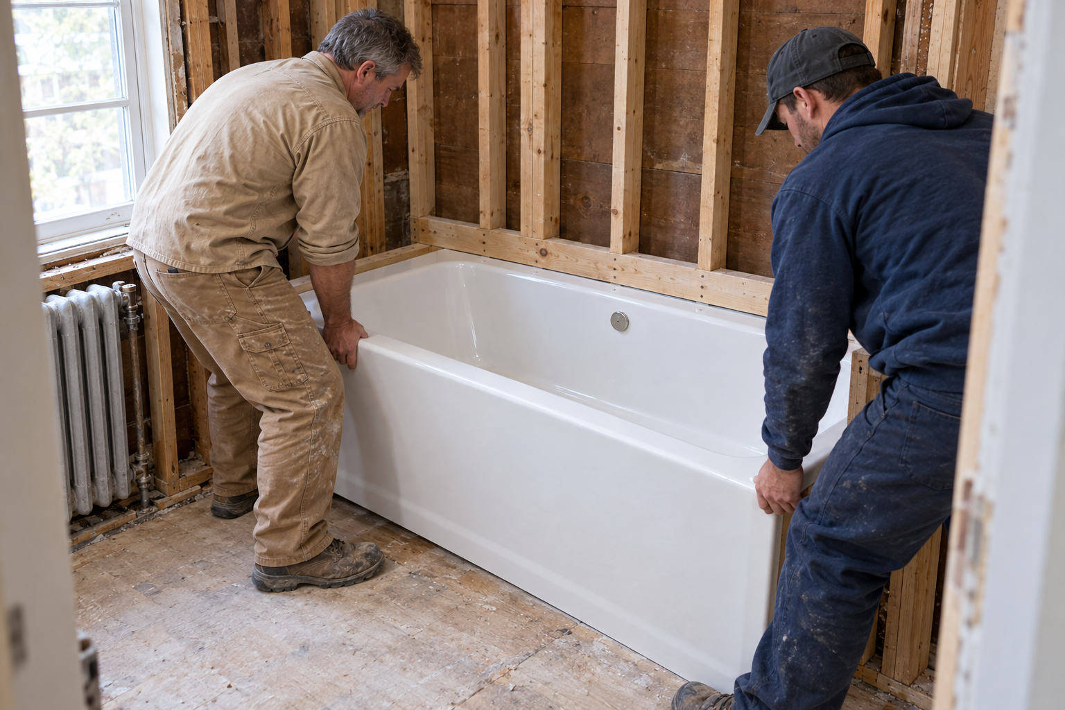 Two workers lowering a new white alcove bathtub into a stud-framed alcove