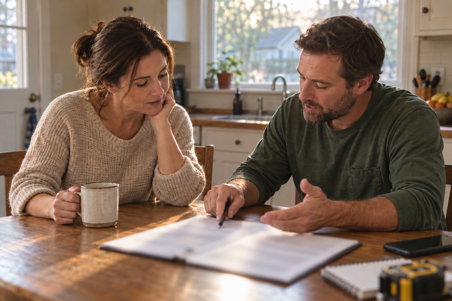 Two people reviewing a printed estimate at a kitchen table