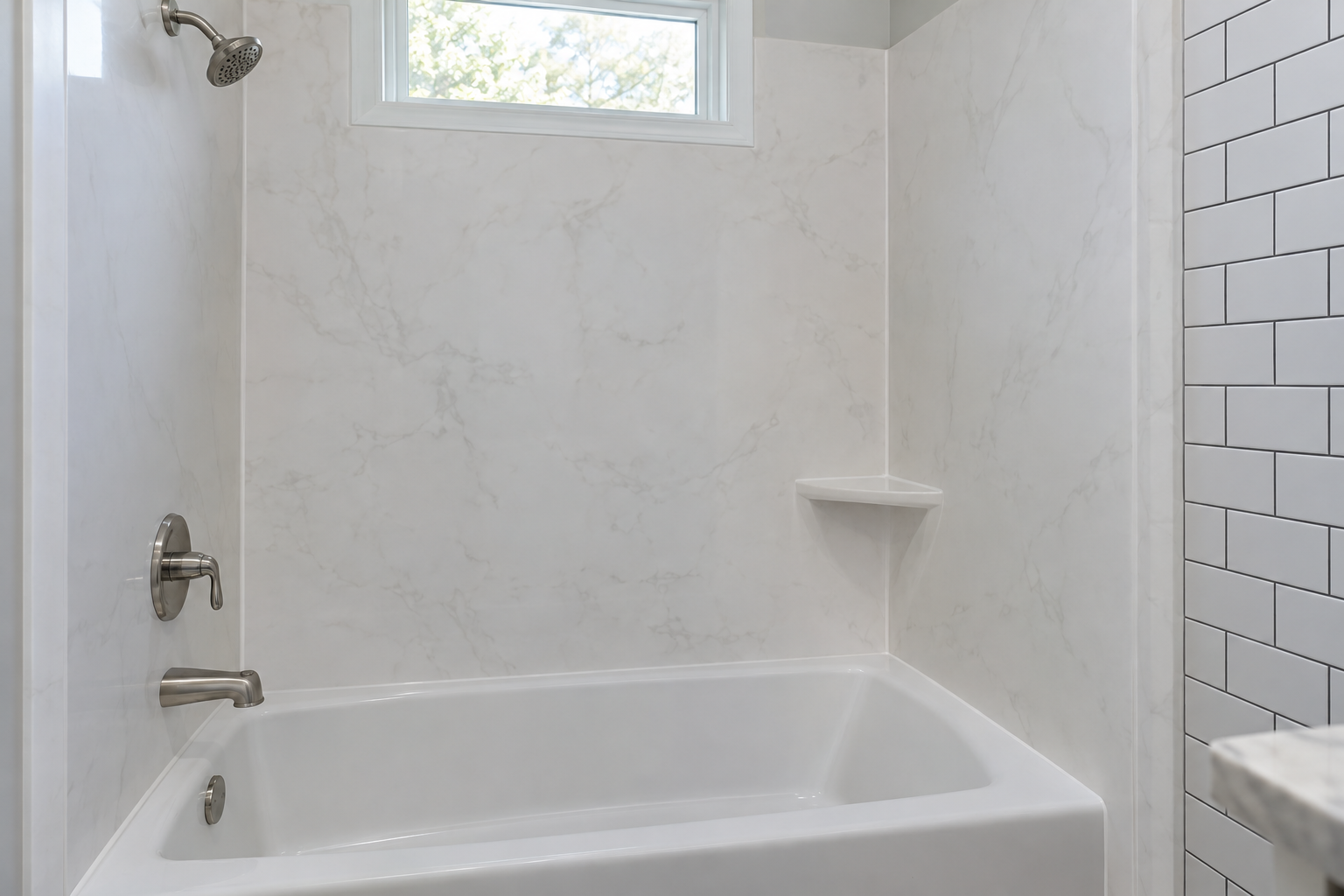Seamless cultured marble tub surround beside a wall of ceramic subway tile