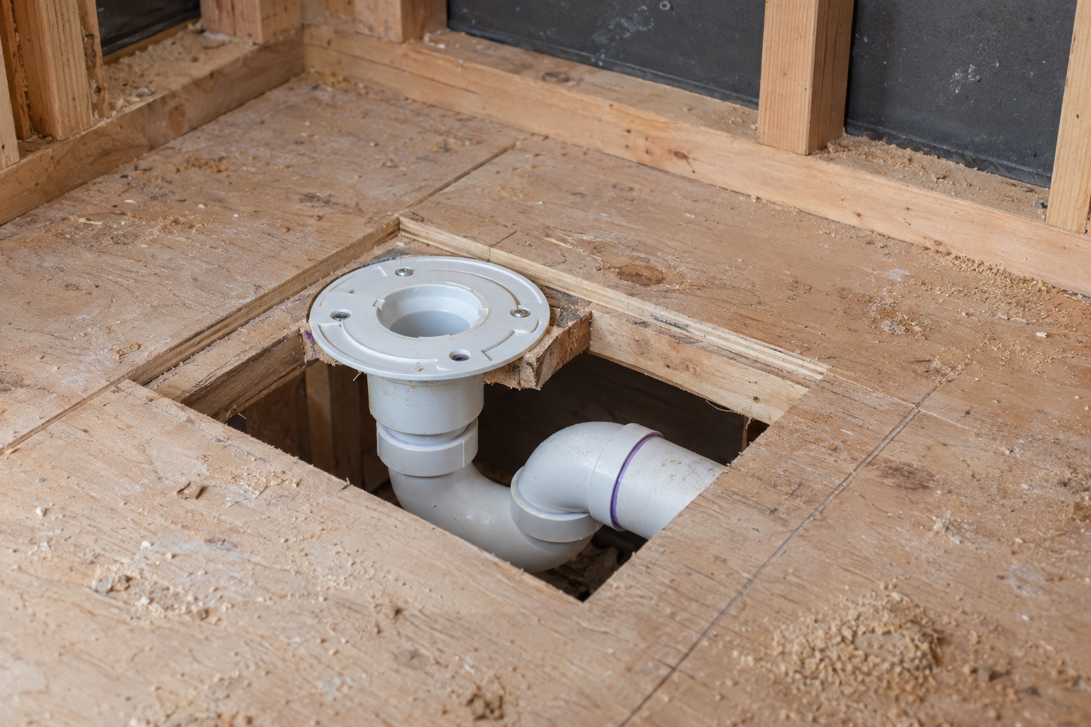 New shower drain and trap set in a cut-out in a plywood subfloor