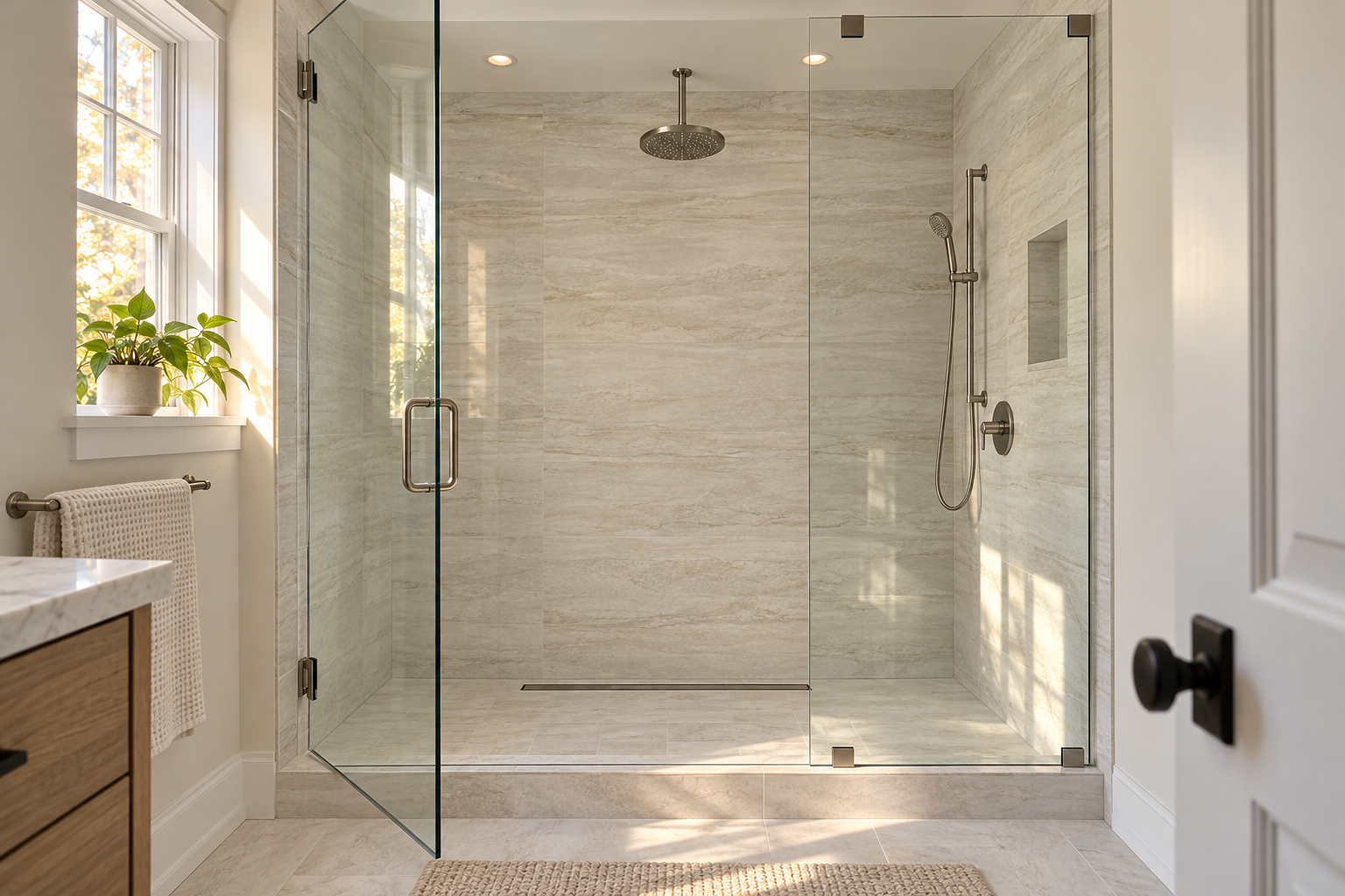 Finished walk-in shower in large-format porcelain with a frameless glass enclosure and rain head