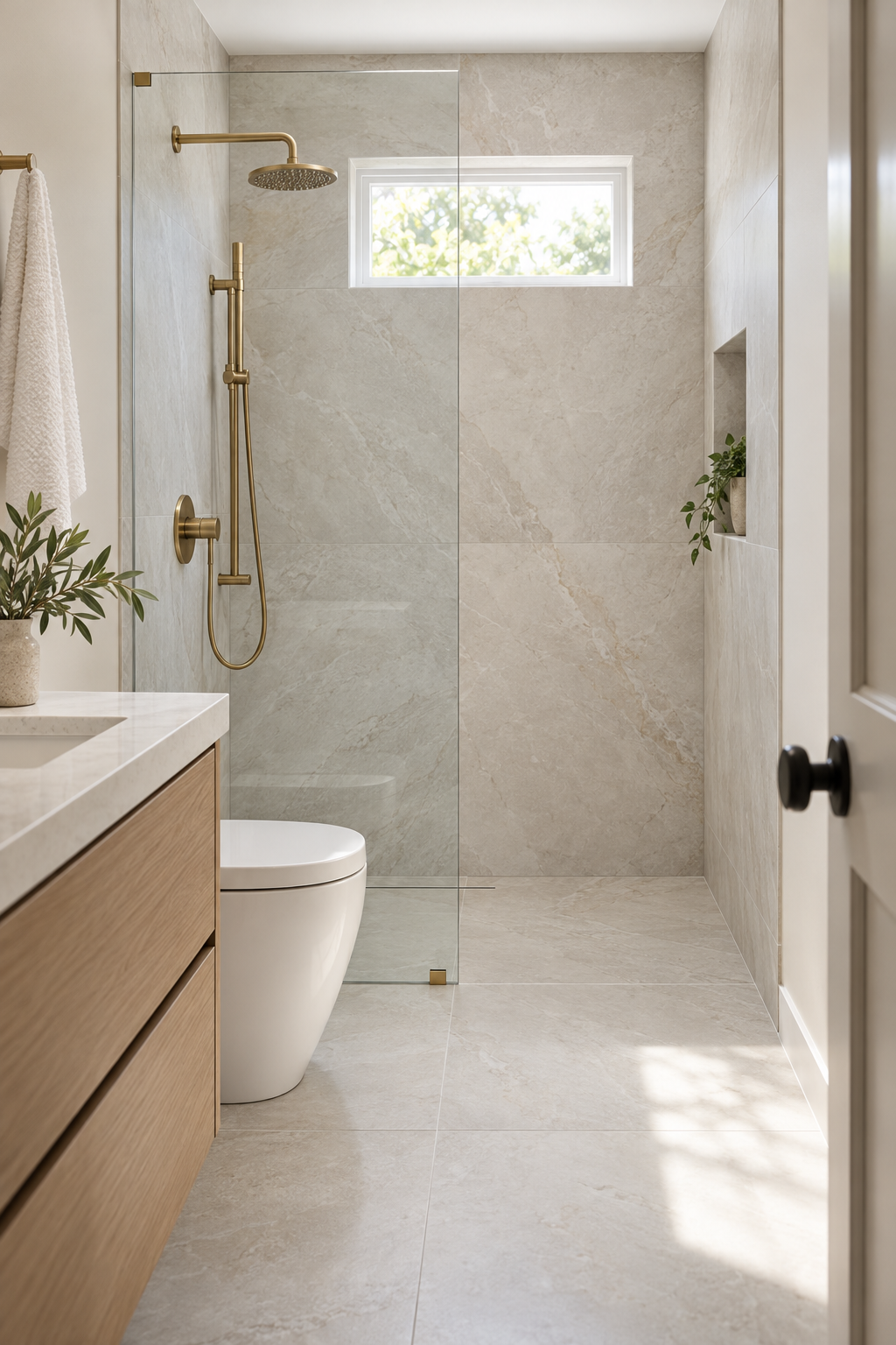 Small bathroom with a walk-in shower in very large pale porcelain tile