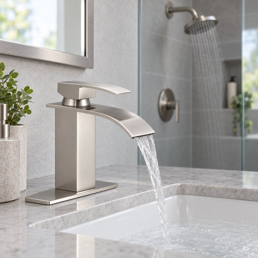 Brushed nickel bathroom faucet running a thin stream into a white basin