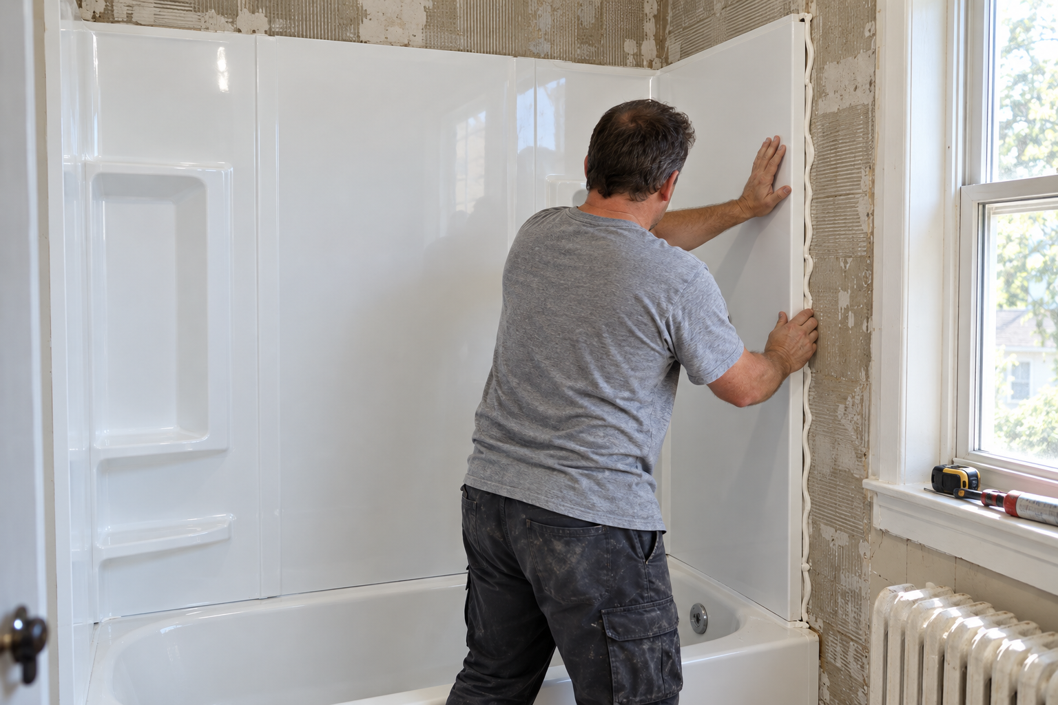 Worker fitting a white acrylic wall panel over an existing tub alcove