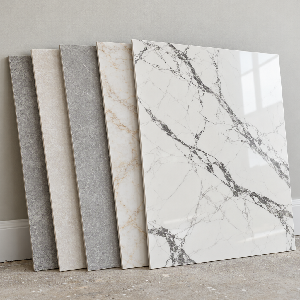 Fanned stack of large-format porcelain tile samples