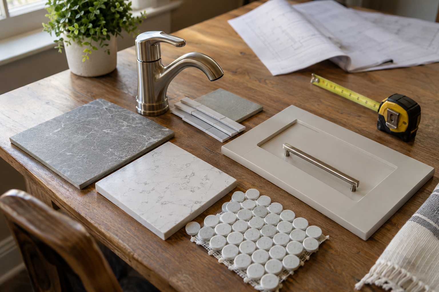 Tile samples, a faucet and a tape measure laid out on a kitchen table