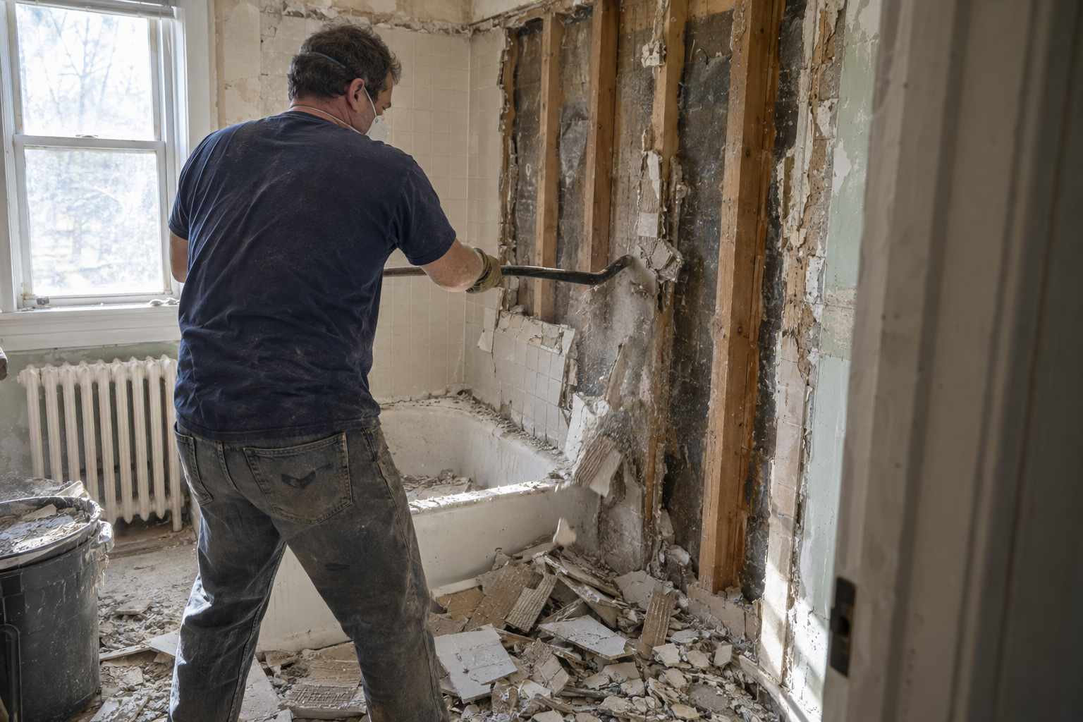 bathroom remodel demolition down to the studs