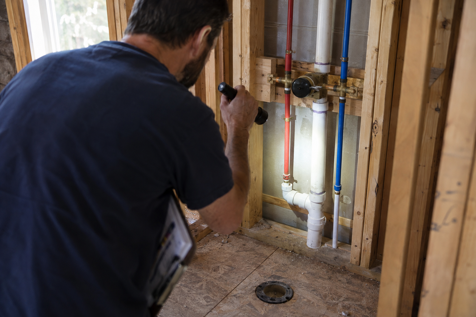 Person checking new supply lines in an open shower wall with a flashlight