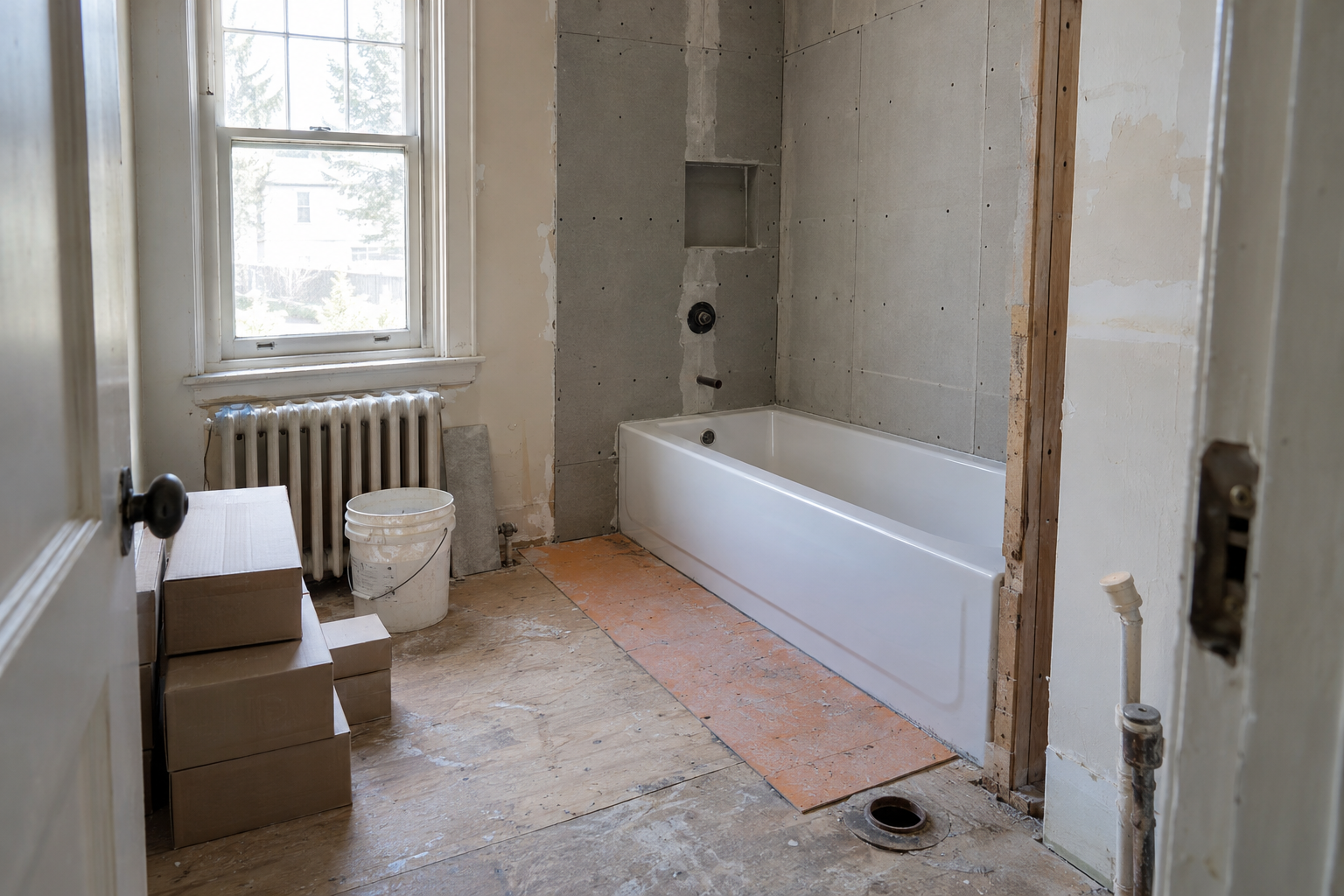 Bathroom mid-remodel with cement board on the shower walls and the tub set