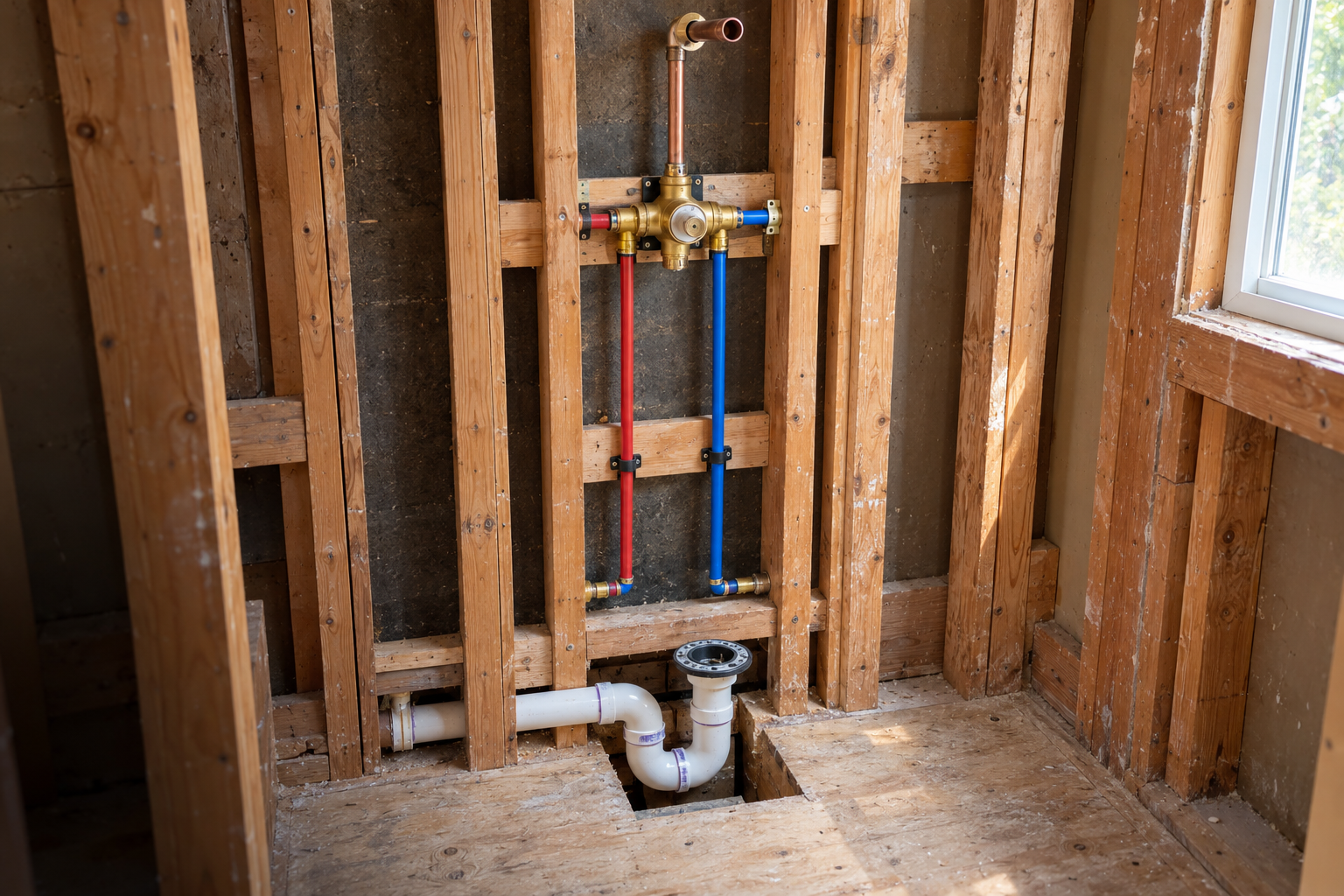 Shower wall open to the studs with new supply lines, a valve body and a drain roughed in
