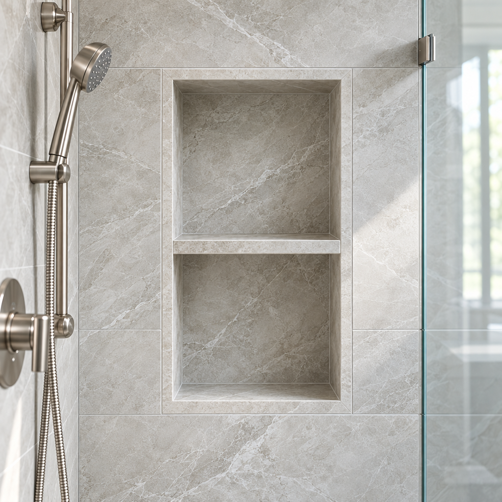 Recessed tiled shower niche with two shelves