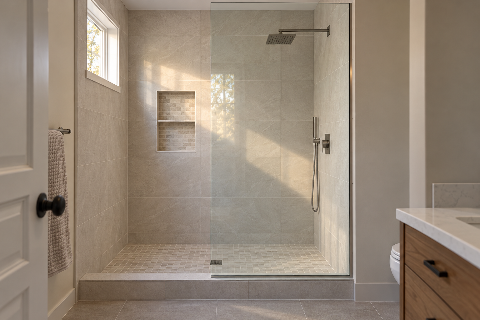 Finished tiled walk-in shower with a niche, rain head and frameless glass panel