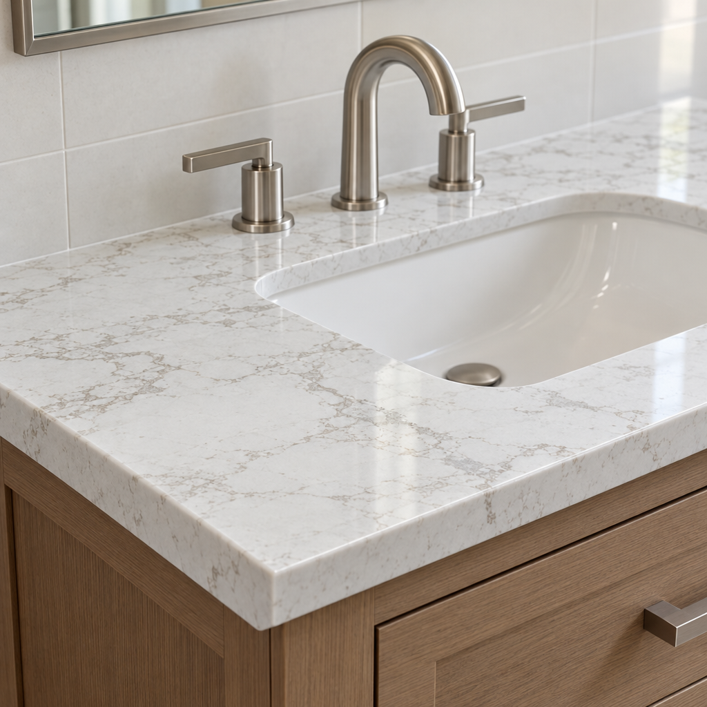 Veined quartz bathroom countertop edge with an undermount sink