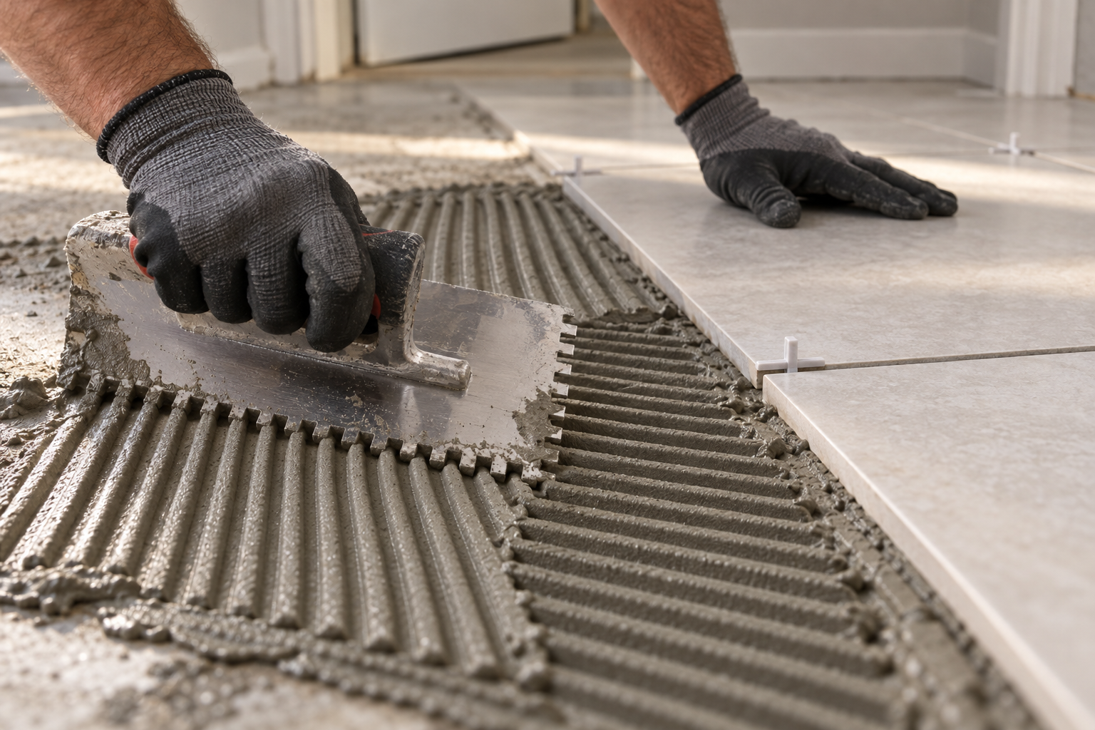 Thinset combed with a notched trowel beside freshly set porcelain floor tile