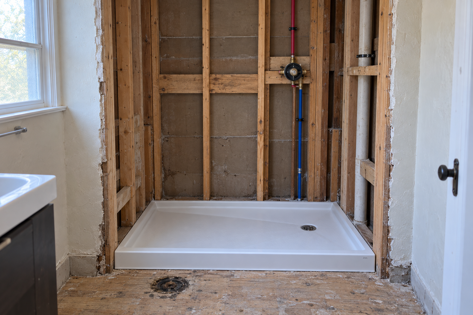 Tub alcove mid-conversion with a new shower pan set and the valve body in the open wall