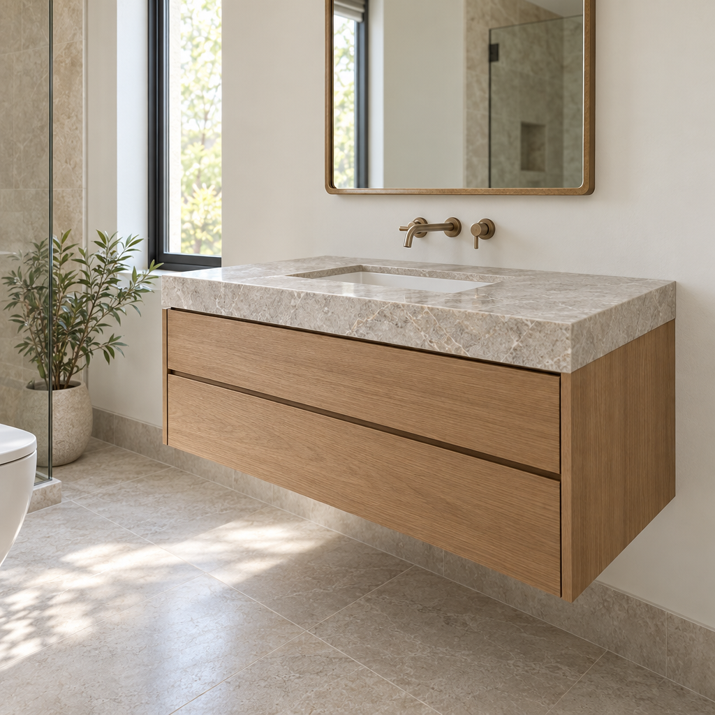 floating vanity and stone countertops in a remodeled bathroom