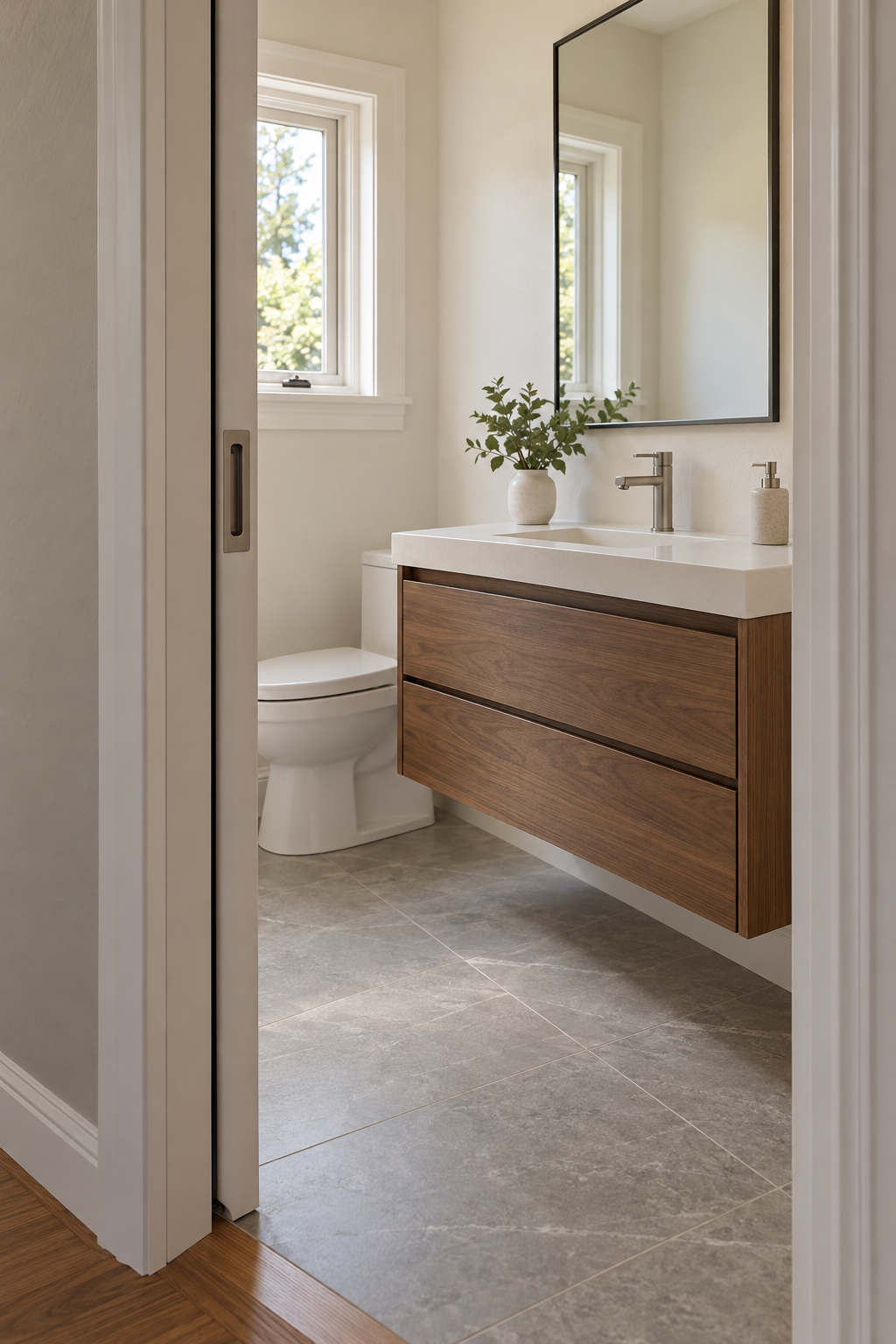 Wall-mounted vanity with open floor beneath it and a pocket door slid into the wall