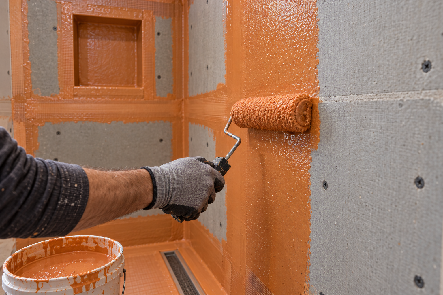 Orange waterproofing membrane being rolled onto cement board shower walls