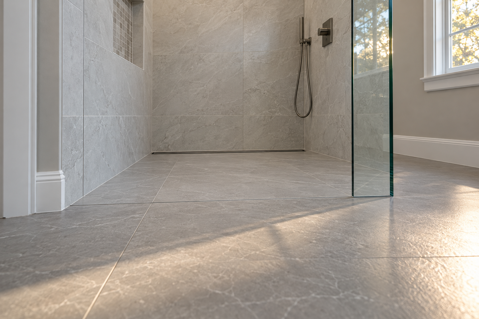 curbless walk-in shower with linear drain