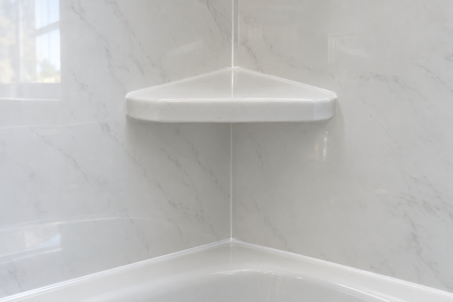 Close view of a seamless cultured marble shower wall meeting a molded corner shelf