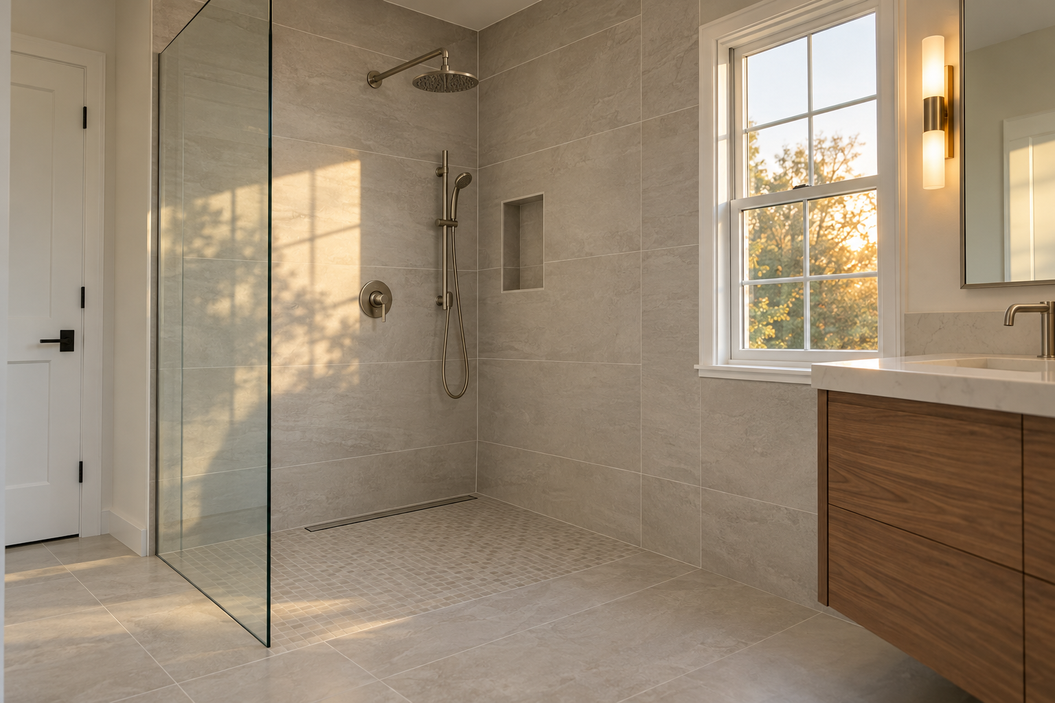 Curbless walk-in shower in large-format porcelain tile with a linear drain