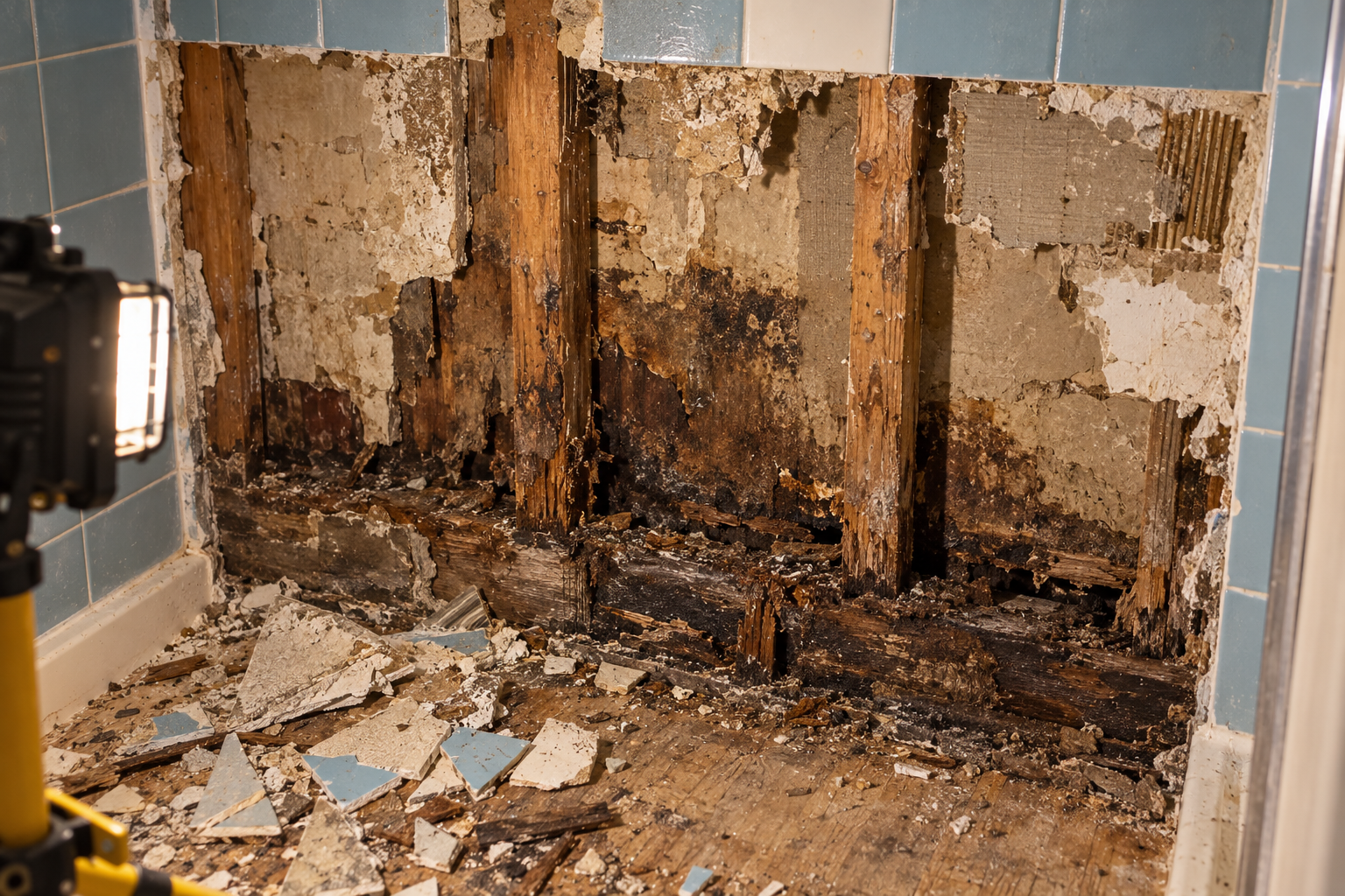 Shower wall opened during demolition, showing dark water-stained studs and crumbling wallboard behind old tile